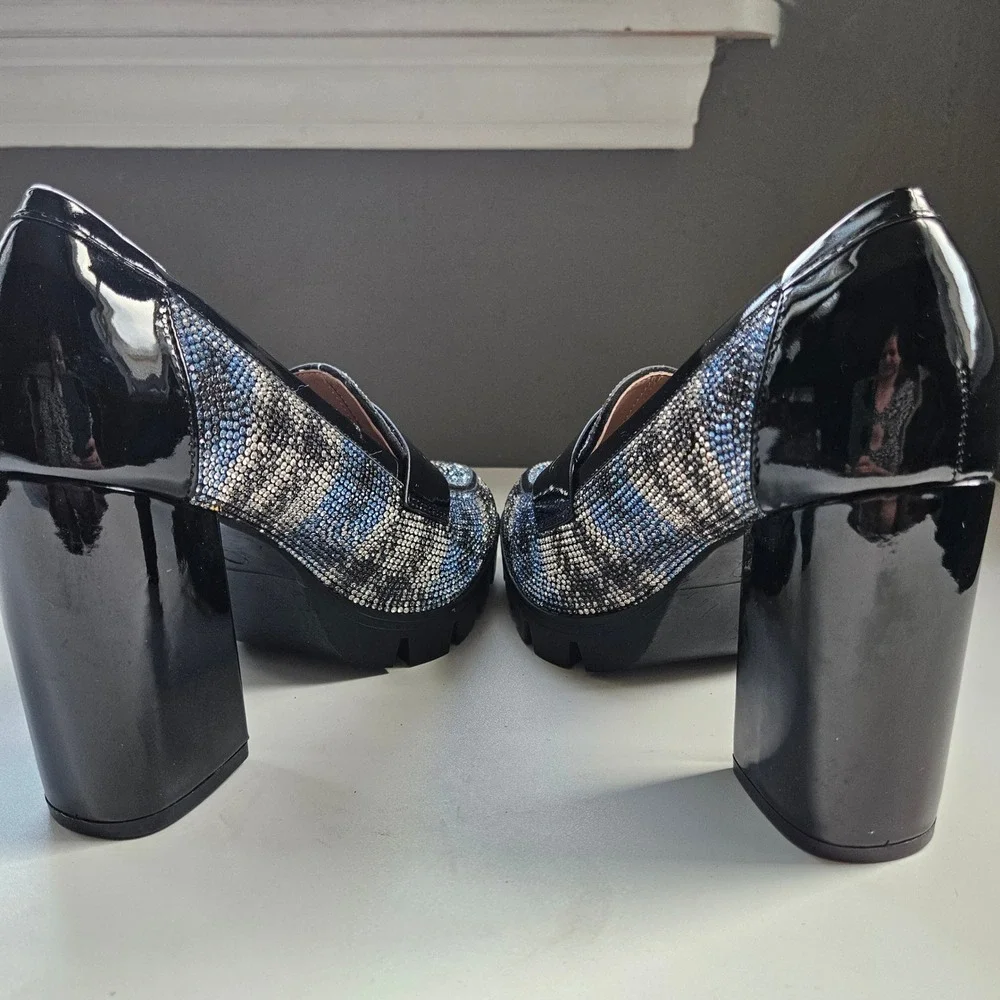 Rhinestone Heel Loafers Platform Block Plaid 6.5 Glam Sparkle Maximalist Party